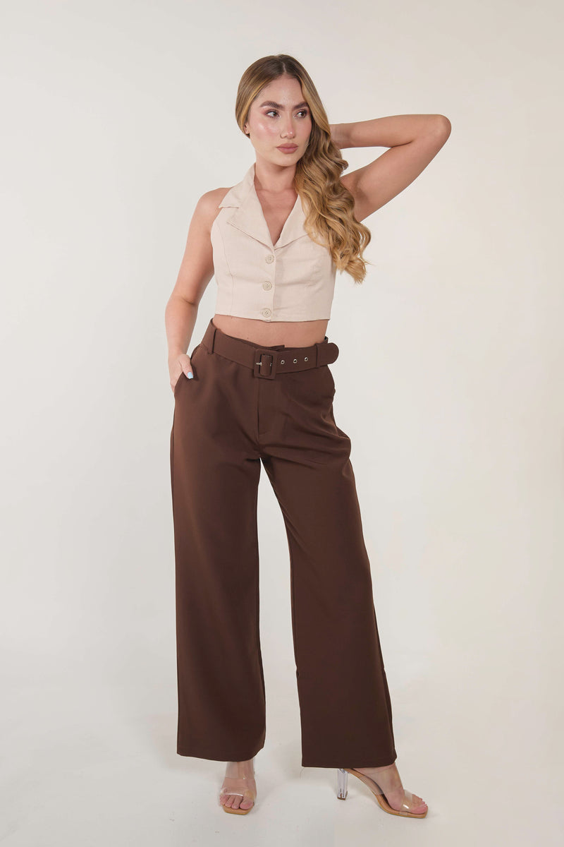 PANTALON CINTURON AURA en chocolate
